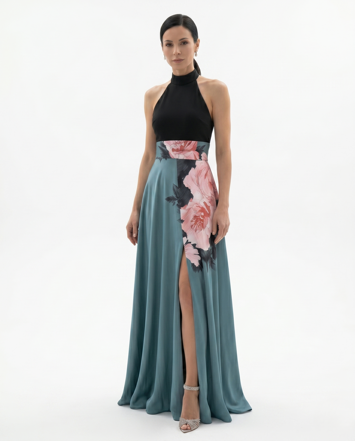Womens Satin Maxi Dress with Floral Panel - Clovrio