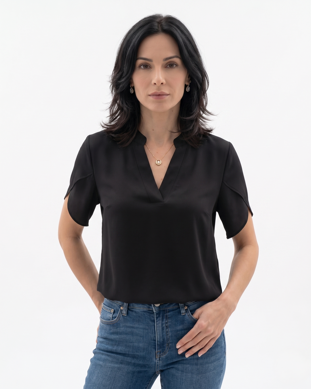 Womens Blouse Fluid Crepe V-Neck