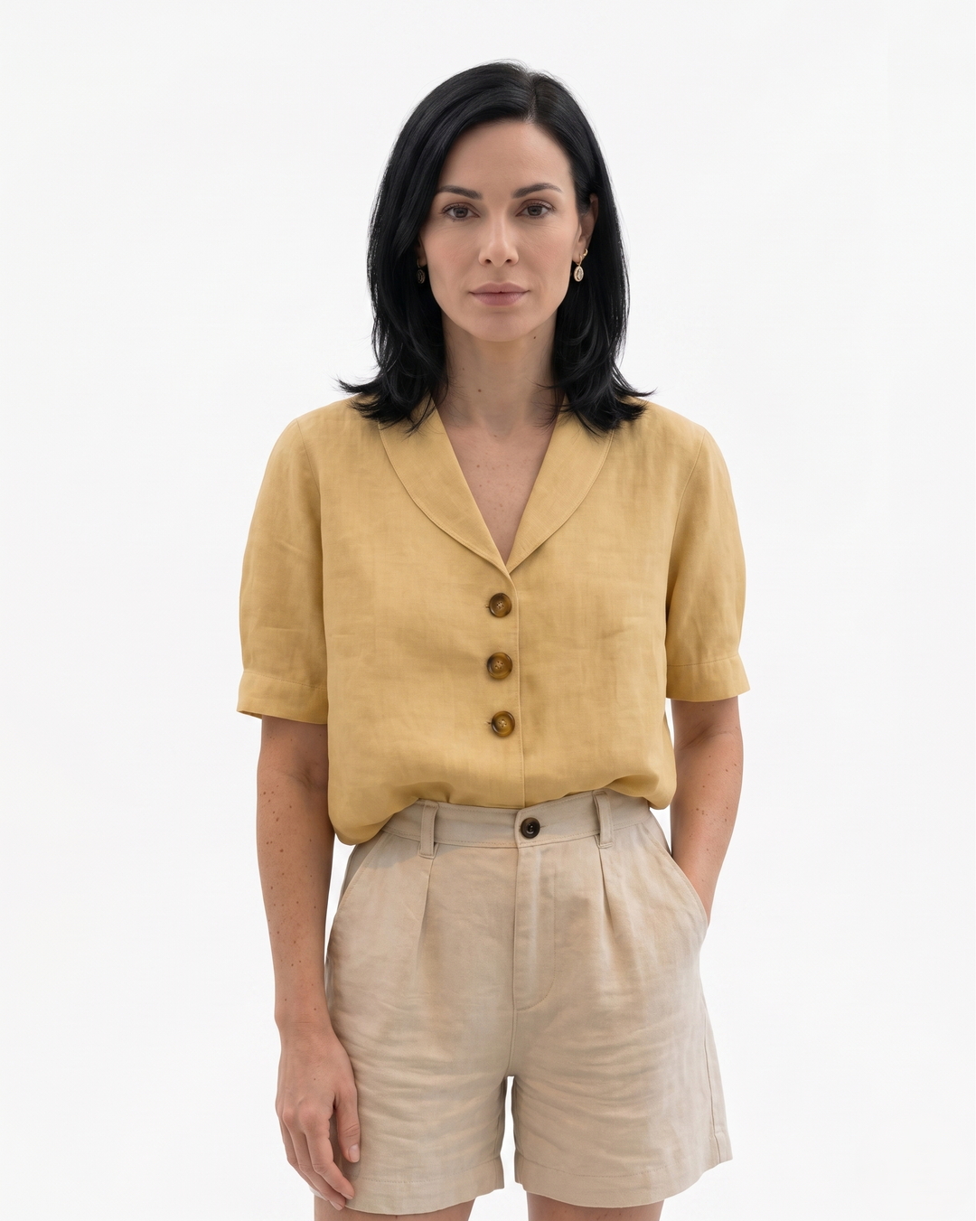 Womens Button Blouse Linen Blend Relaxed Fit - Clovrio