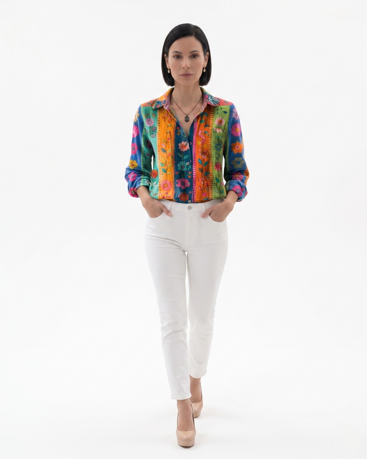 Womens Button-Through Blouse Patterned Relaxed Fit