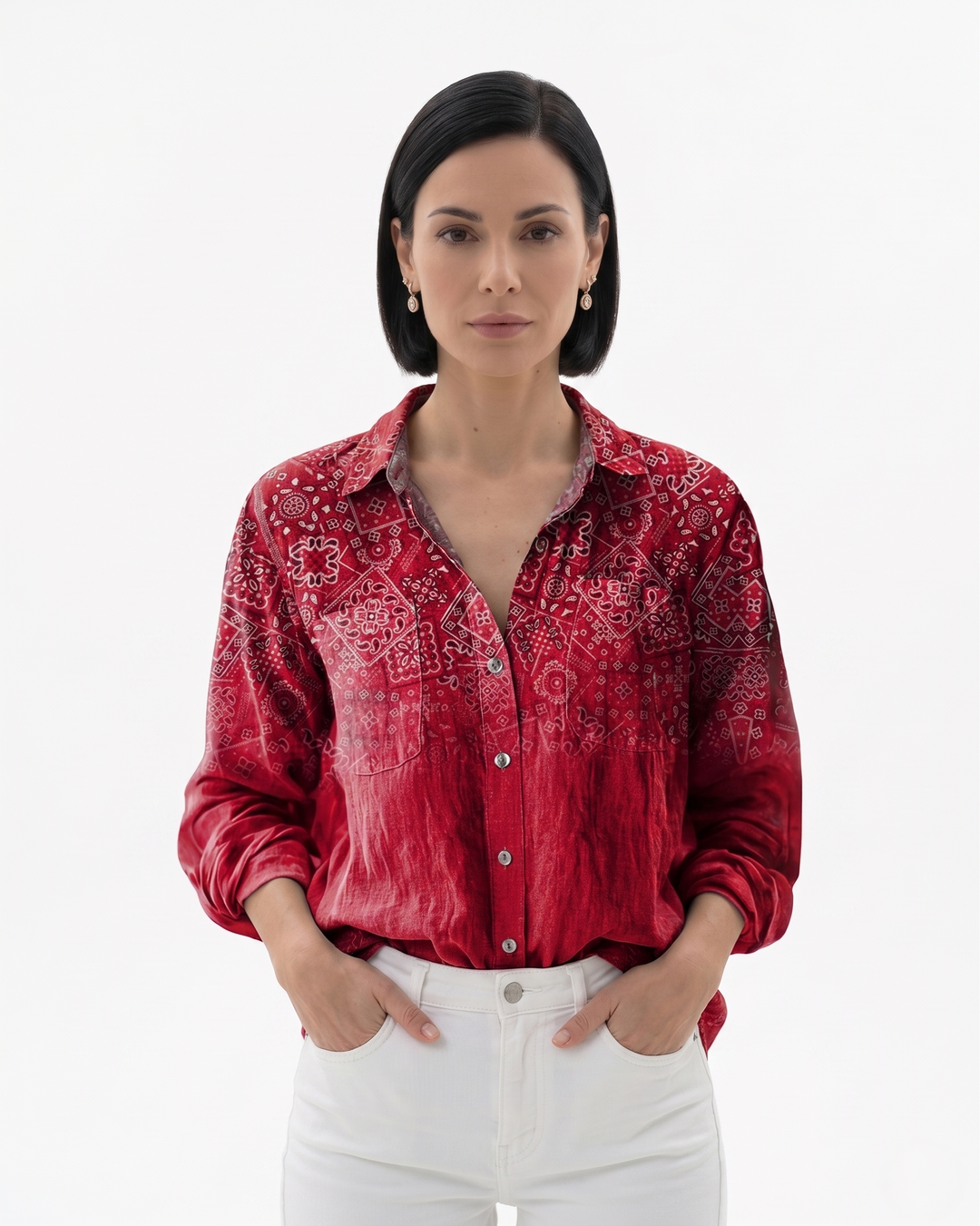 Womens Button-Through Blouse Patterned Relaxed Fit - Clovrio