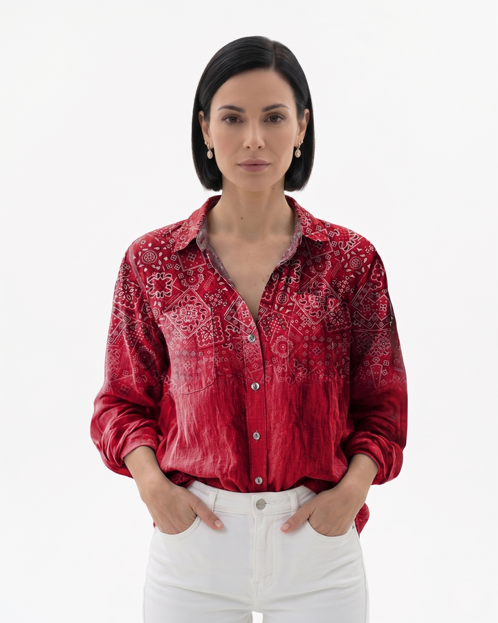 Womens Button-Through Blouse Patterned Relaxed Fit - Clovrio