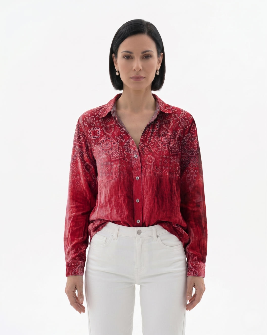 Womens Button-Through Blouse Patterned Relaxed Fit