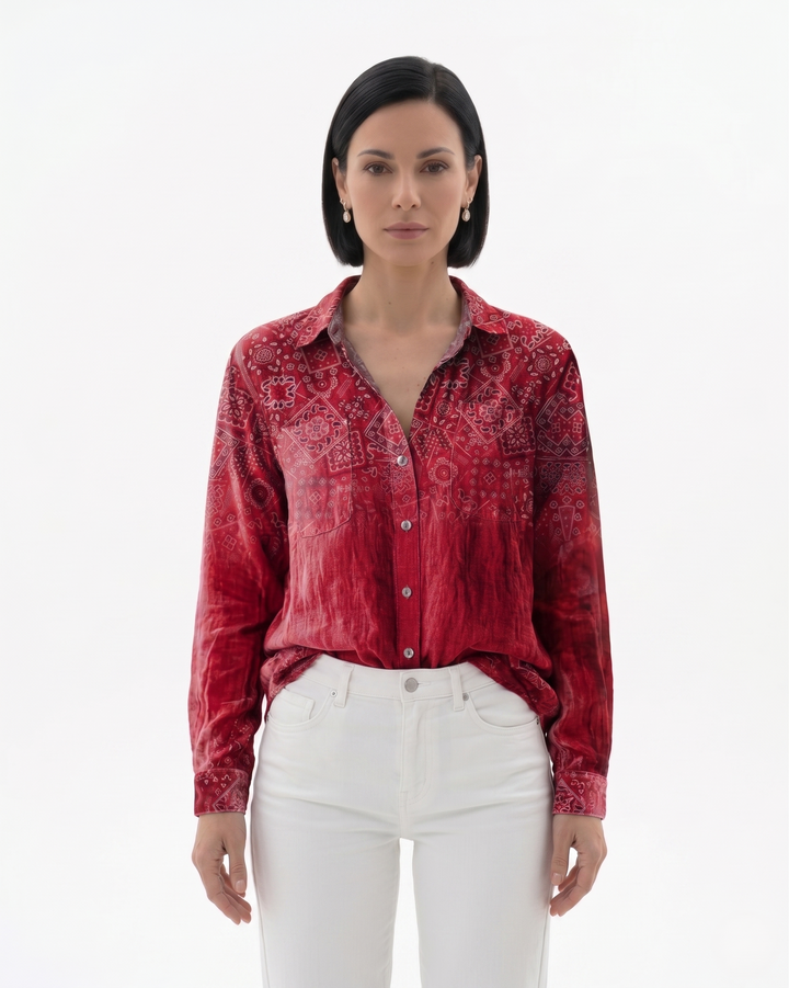 Womens Button-Through Blouse Patterned Relaxed Fit