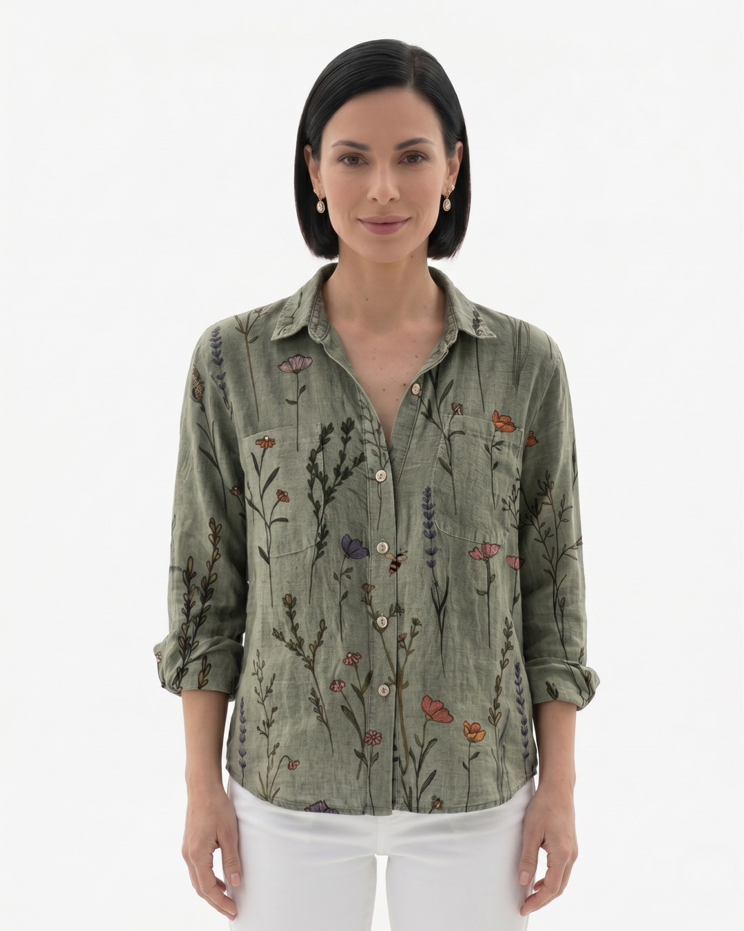 Womens Button-Through Blouse Patterned Relaxed Fit