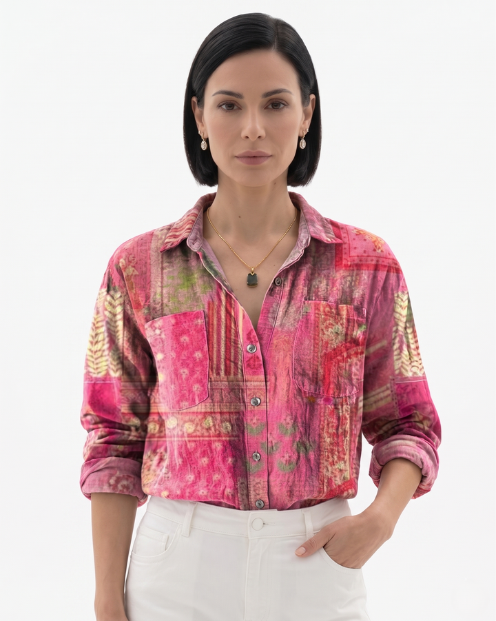Womens Button-Through Blouse Patterned Relaxed Fit