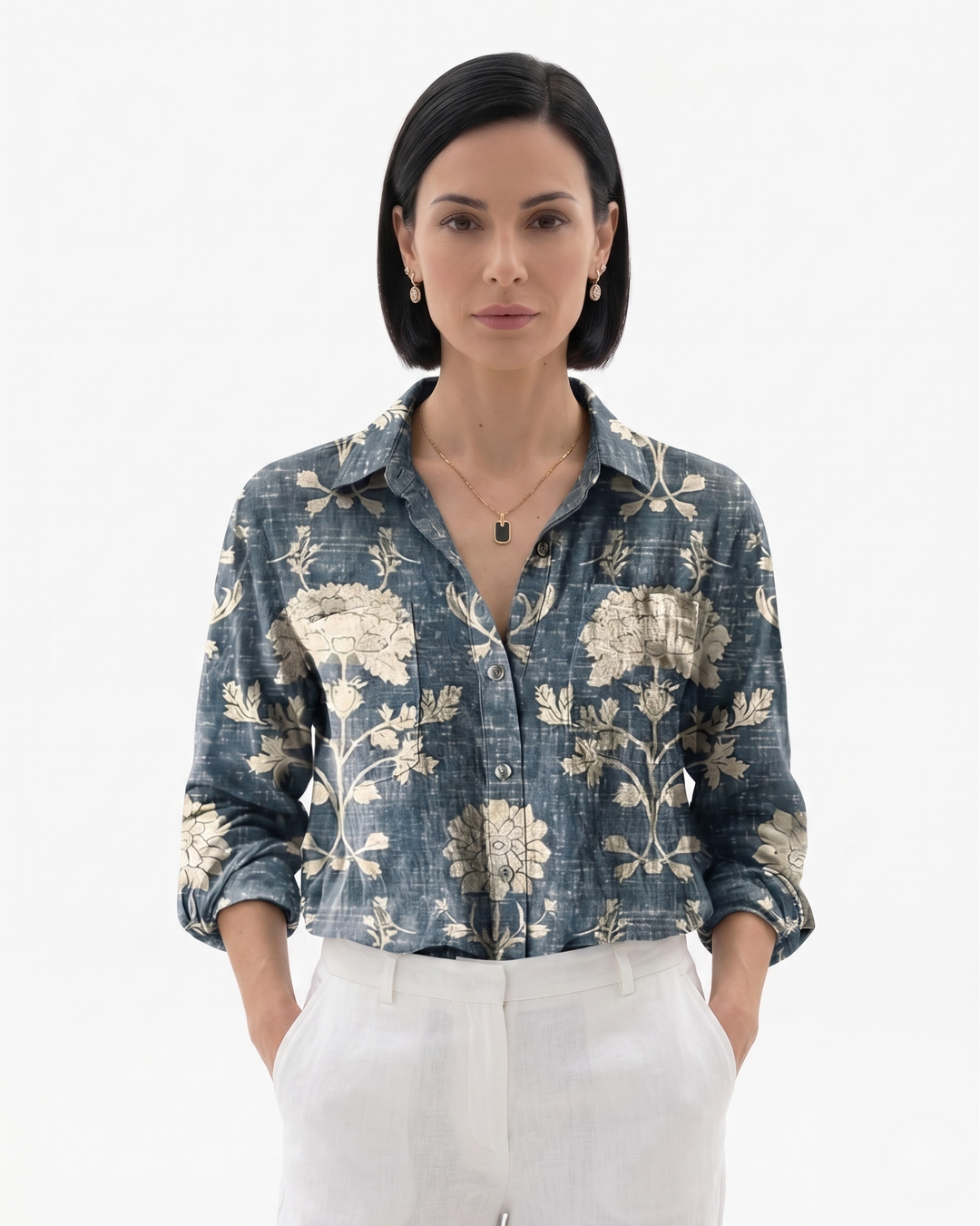 Womens Button-Through Blouse Patterned Relaxed Fit