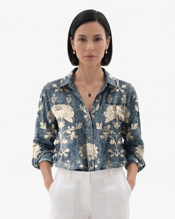 Womens Button-Through Blouse Patterned Relaxed Fit
