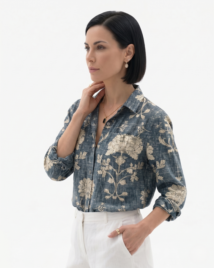 Womens Button-Through Blouse Patterned Relaxed Fit
