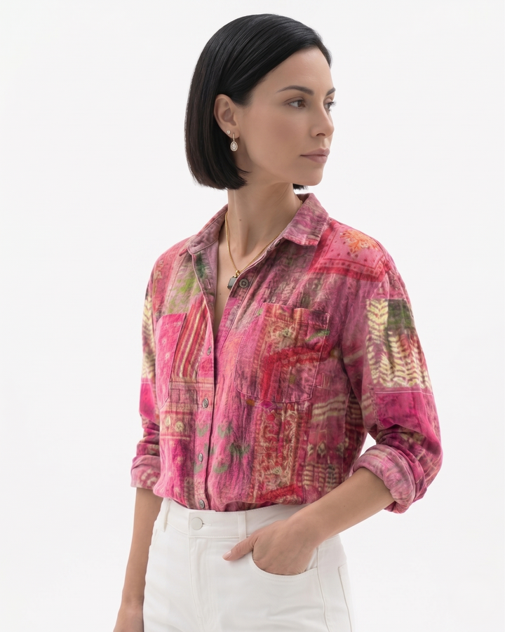Womens Button-Through Blouse Patterned Relaxed Fit