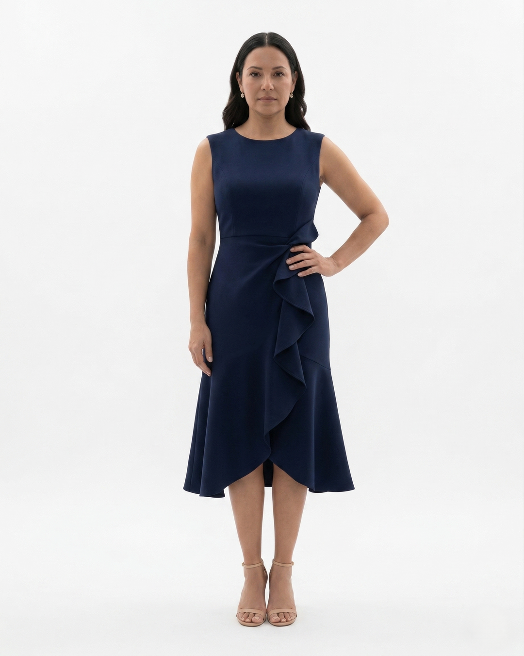 Womens Flared Midi Dress Sculpted Waist Fit