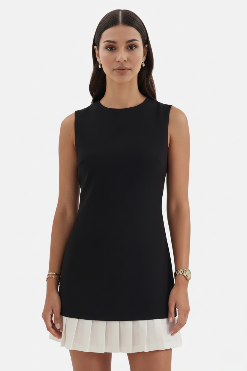 Womens Sleeveless Cocktail Dress Shift Fit Pleated Hem - Clovrio