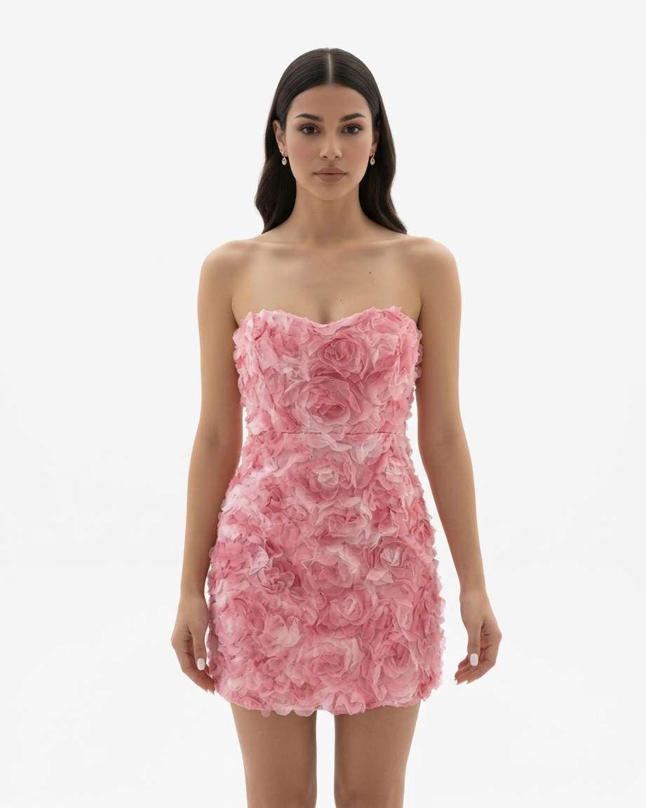Womens Strapless Mini Dress Floral Embellished Textured Bodycon - Clovrio