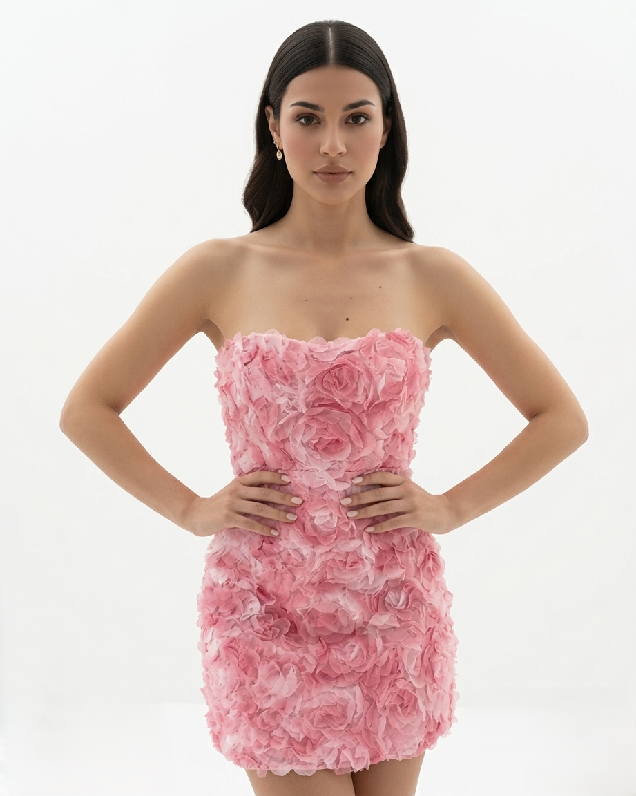 Womens Strapless Mini Dress Floral Embellished Textured Bodycon