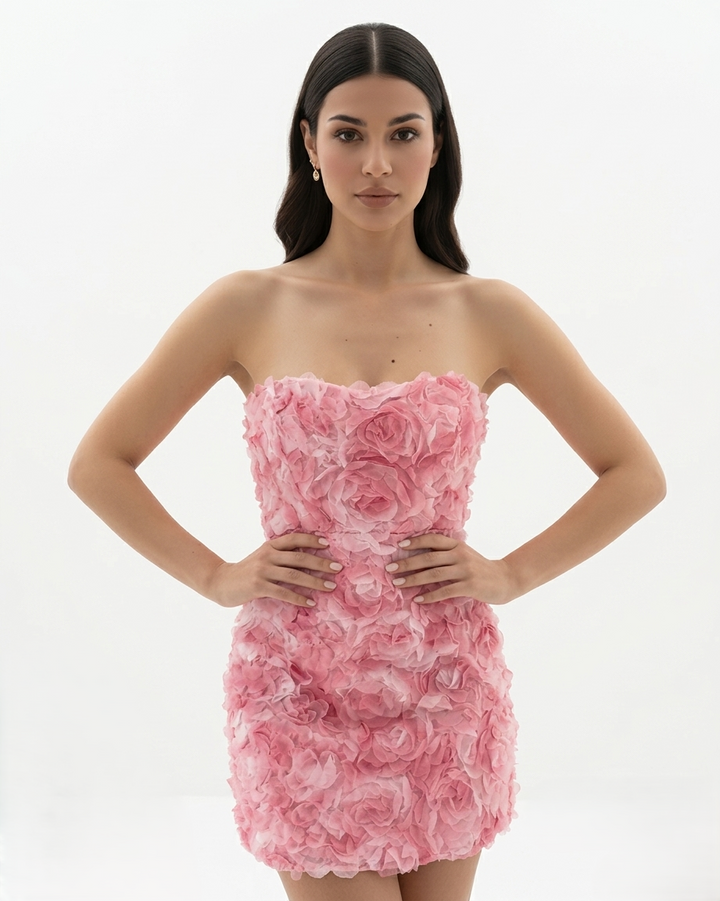 Womens Strapless Mini Dress Floral Embellished Textured Bodycon