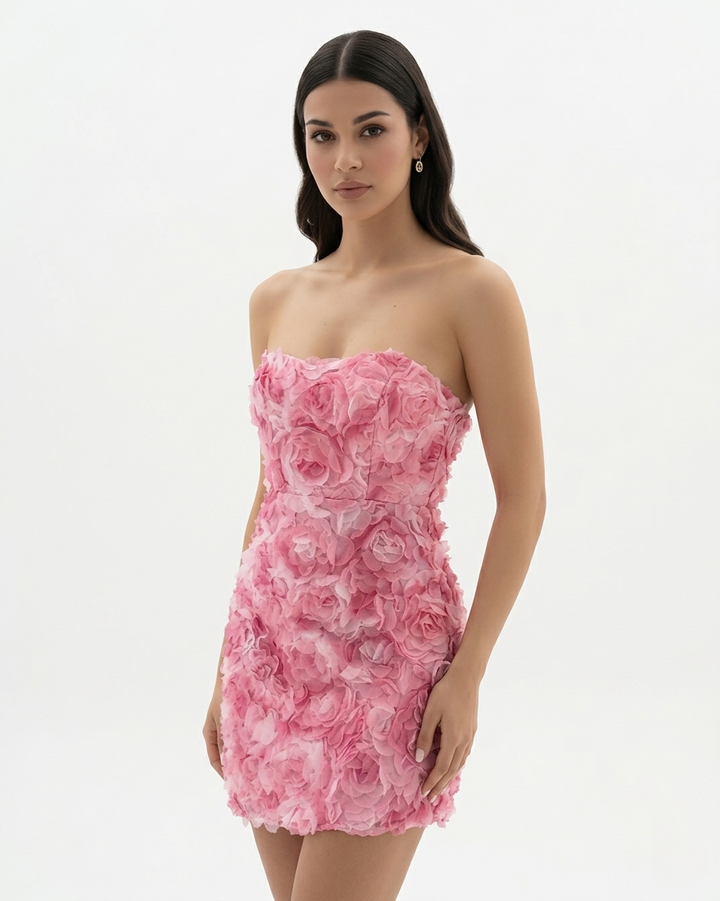 Womens Strapless Mini Dress Floral Embellished Textured Bodycon