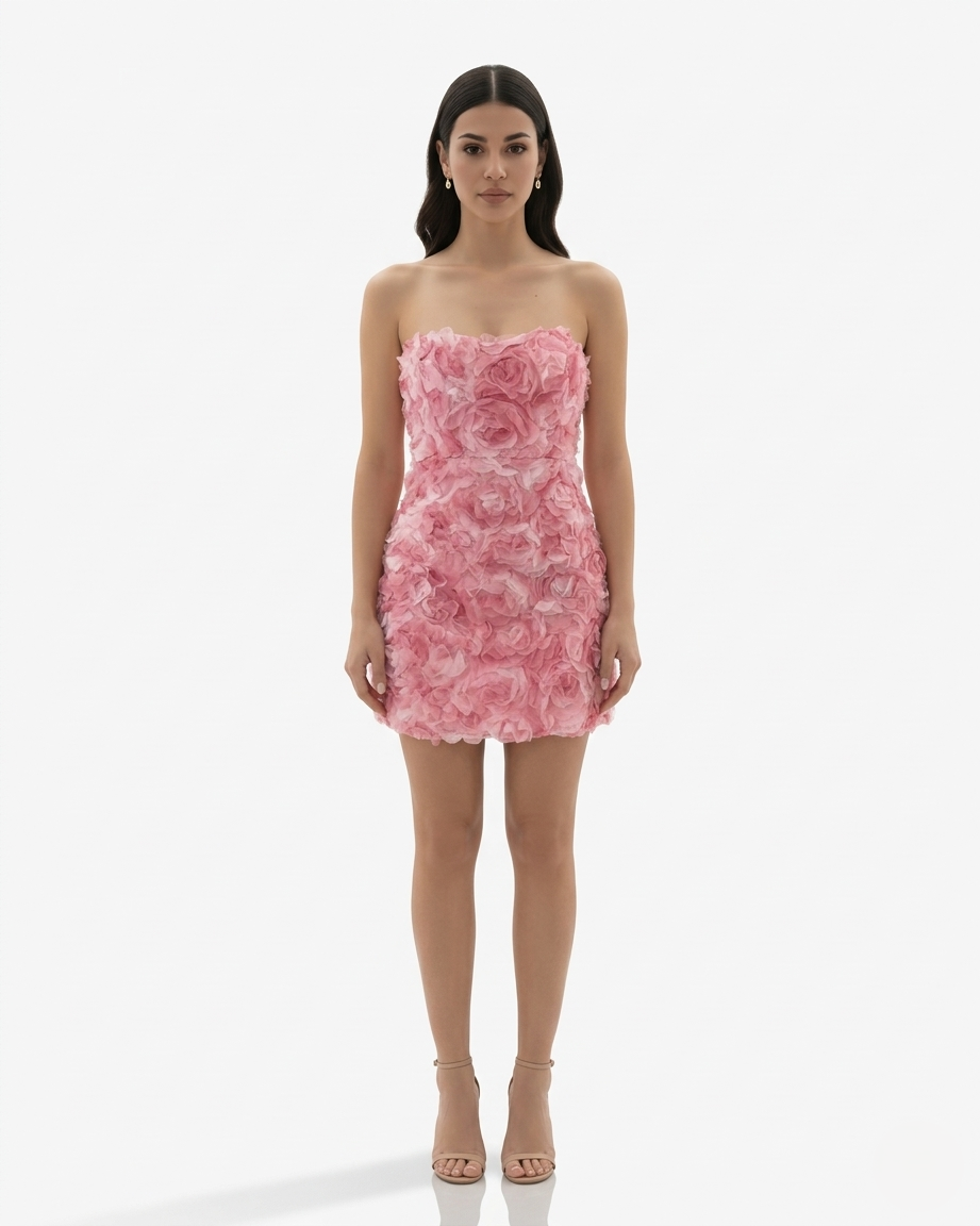 Womens Strapless Mini Dress Floral Embellished Textured Bodycon