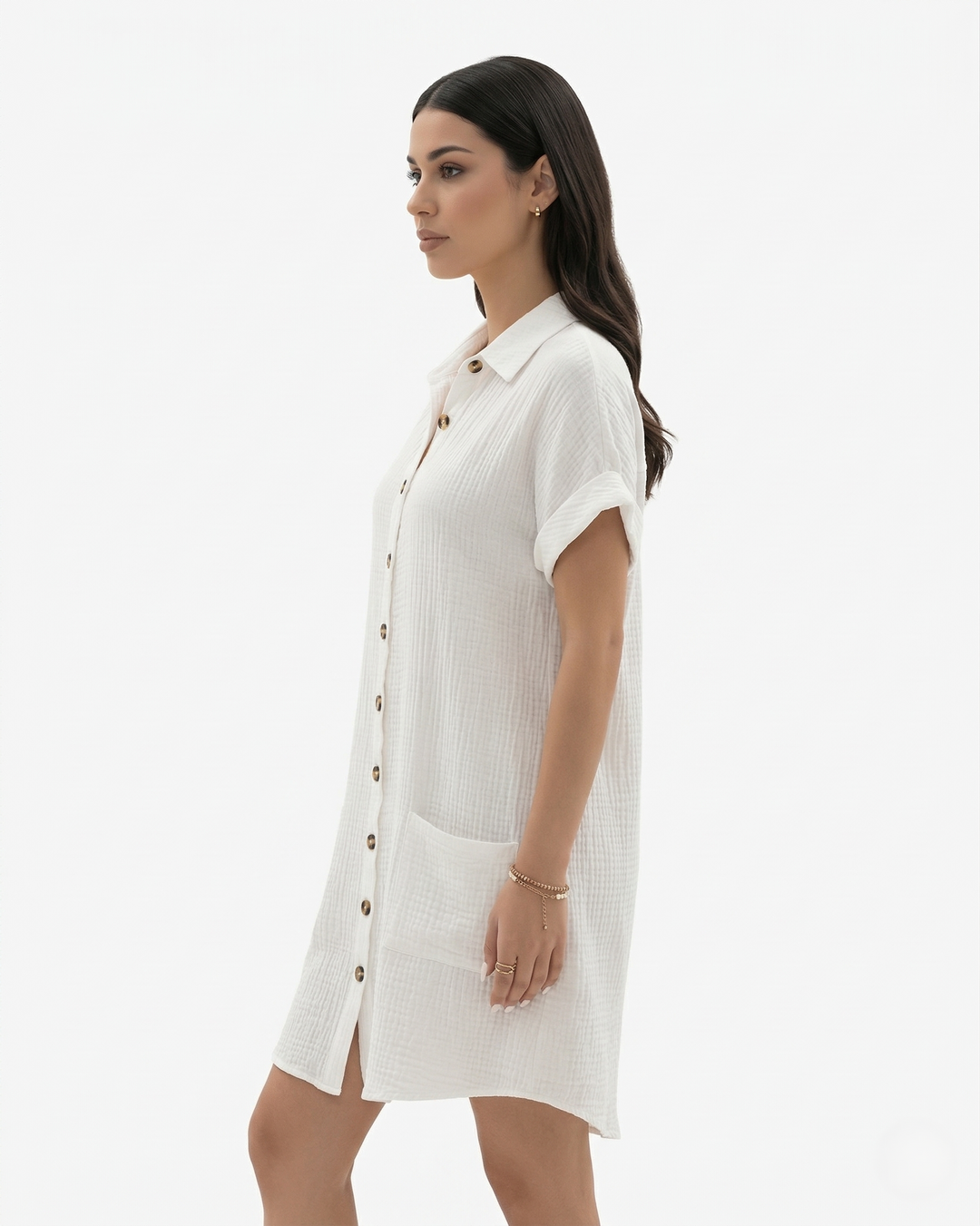 Womens Shirt Dress Cotton Collared Rolled Sleeve with Pockets