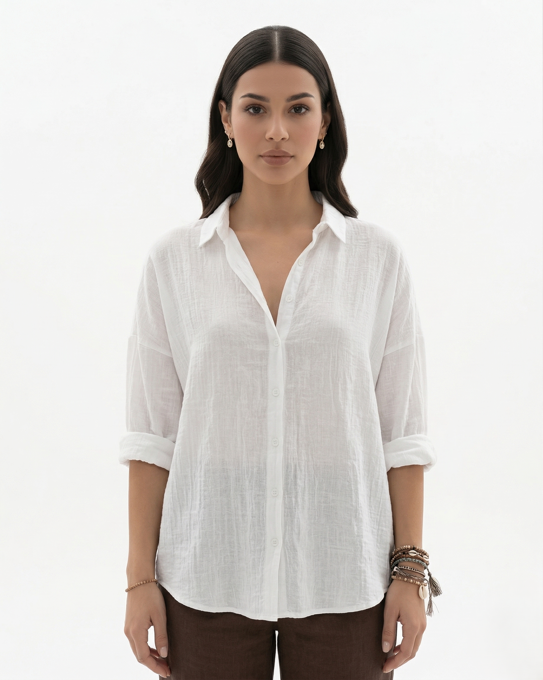 Womens Long Sleeve Shirt Linen Blend Collared Button Placket - Clovrio