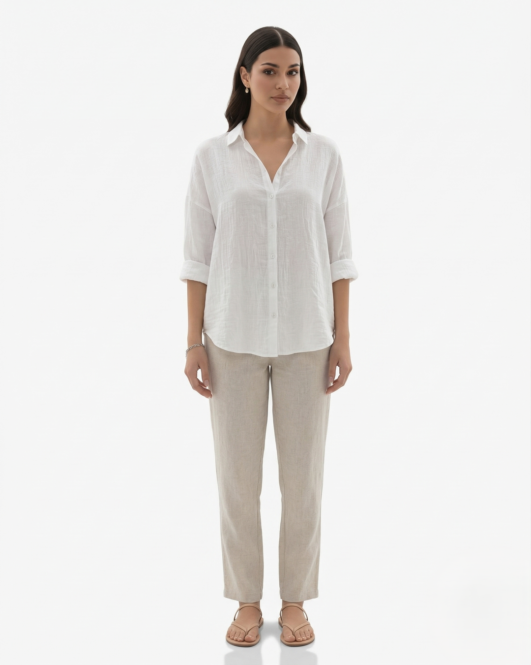 Womens Long Sleeve Shirt Linen Blend Collared Button Placket