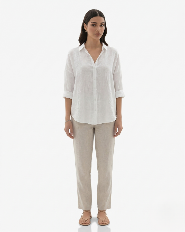 Womens Long Sleeve Shirt Linen Blend Collared Button Placket