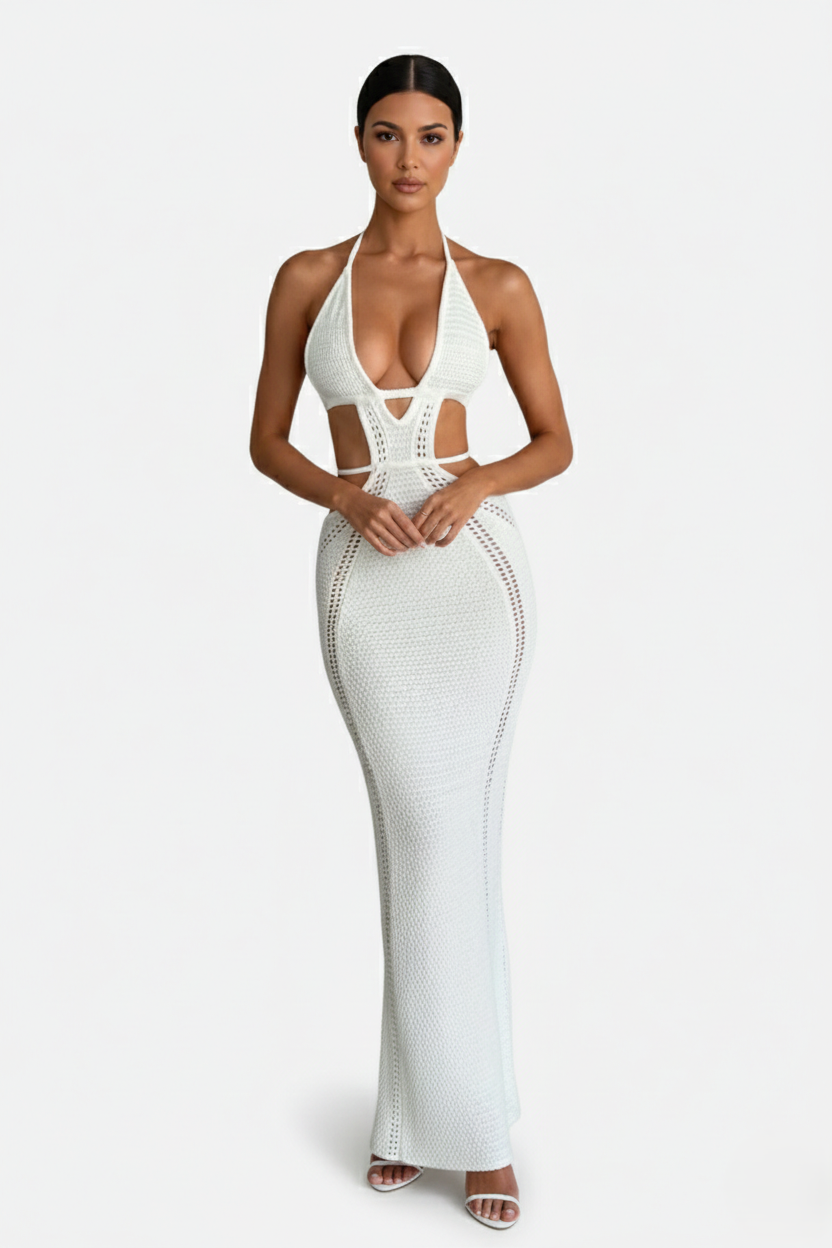 Womens Crochet Bodycon Maxi Dress Halter Neck Backless
