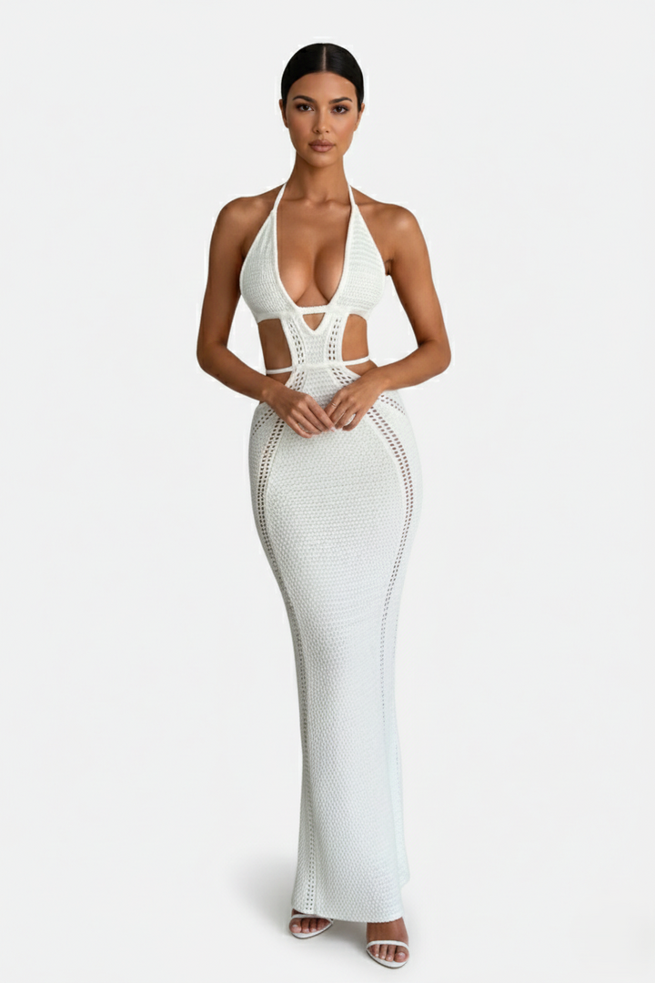 Womens Crochet Bodycon Maxi Dress Halter Neck Backless