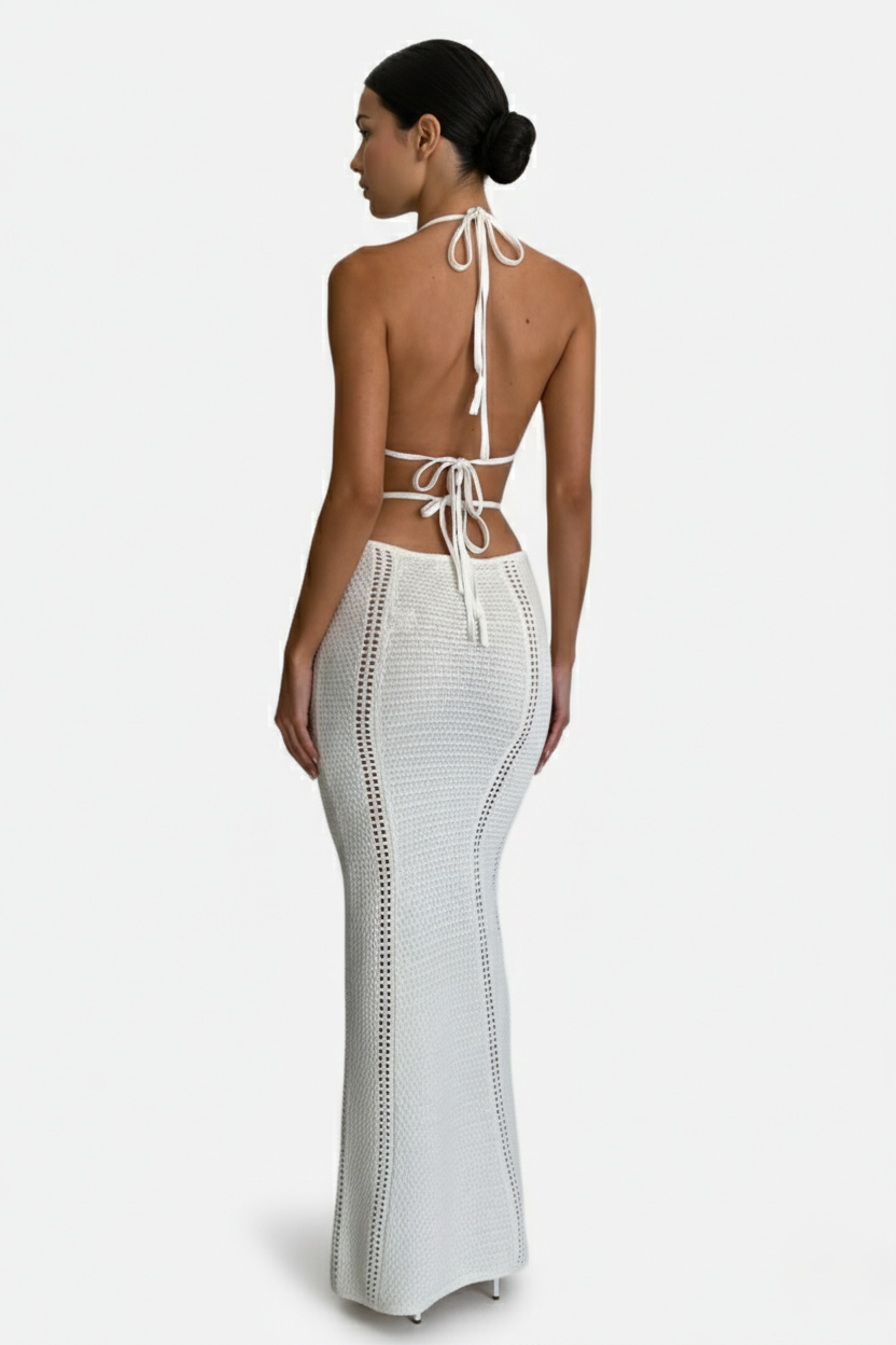 Womens Crochet Bodycon Maxi Dress Halter Neck Backless