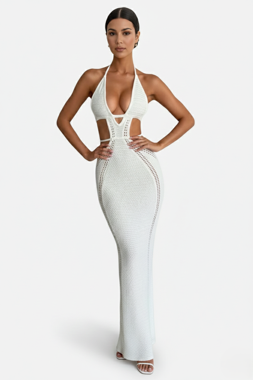 Womens Crochet Bodycon Maxi Dress Halter Neck Backless