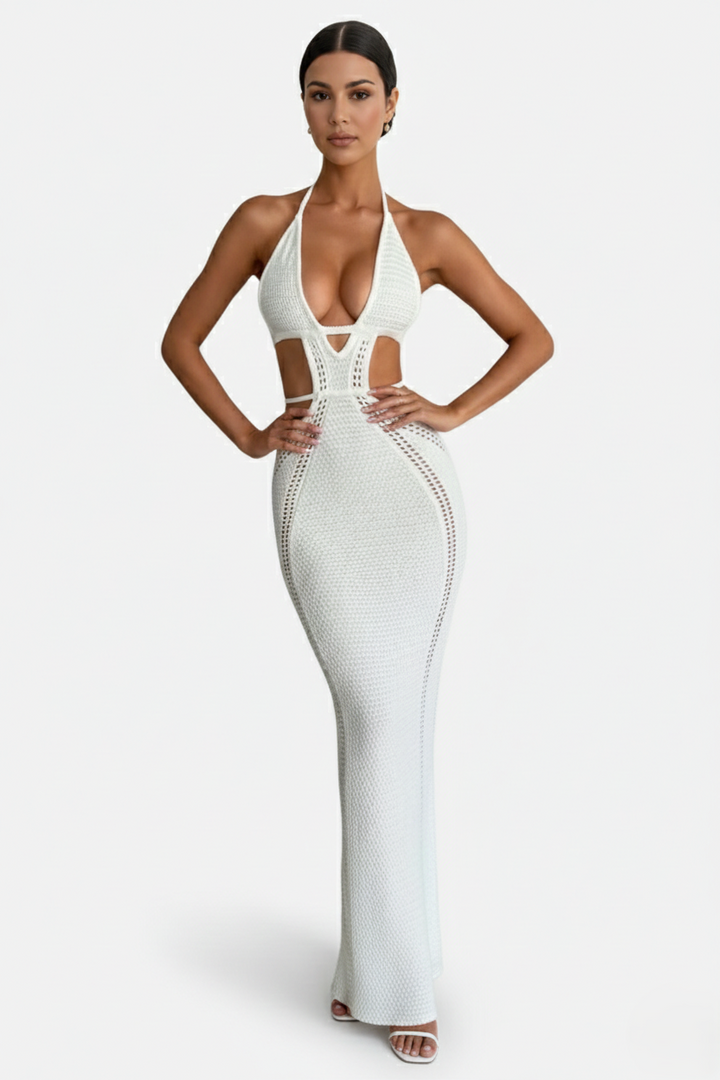 Womens Crochet Bodycon Maxi Dress Halter Neck Backless