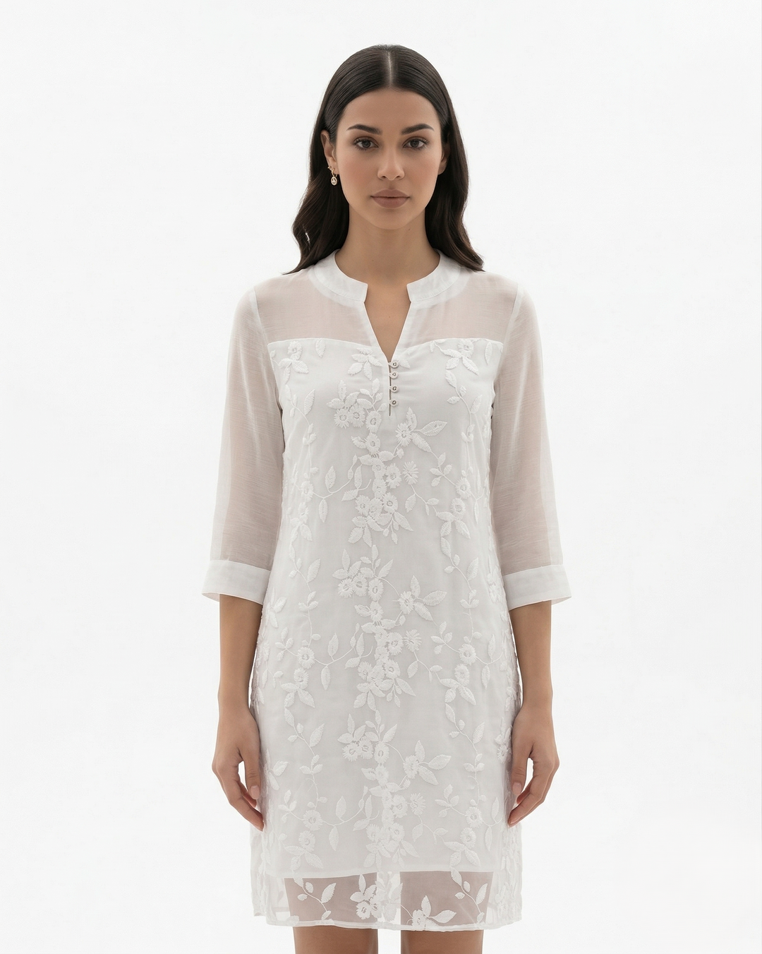 Womens Midi Dress Mesh Floral Embroidered Notch V-Neck Sheer Sleeve - Clovrio