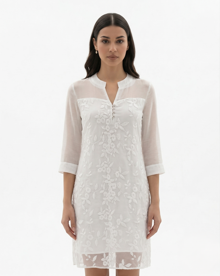 Womens Midi Dress Mesh Floral Embroidered Notch V-Neck Sheer Sleeve - Clovrio