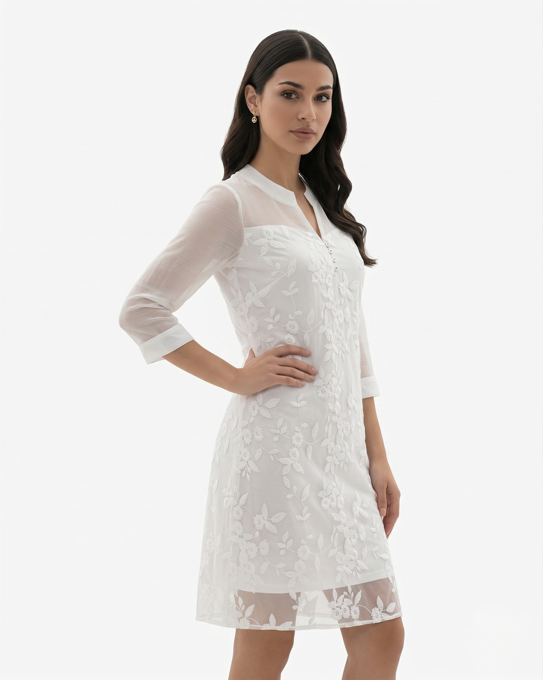 Womens Midi Dress Mesh Floral Embroidered Notch V-Neck Sheer Sleeve