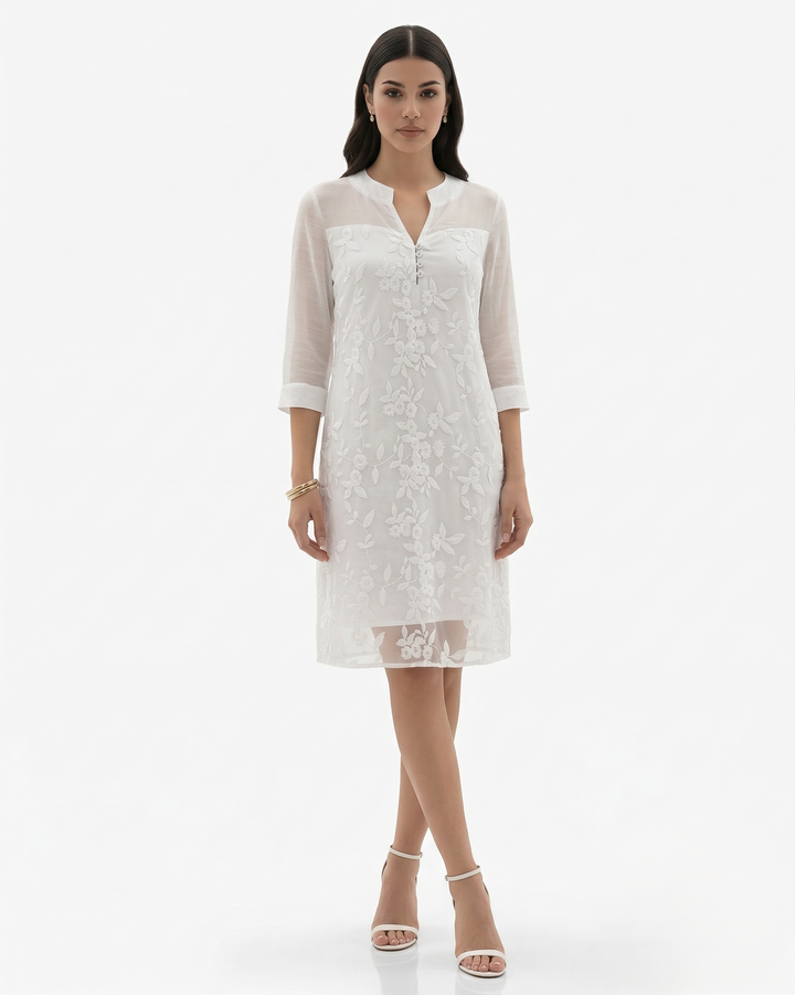 Womens Midi Dress Mesh Floral Embroidered Notch V-Neck Sheer Sleeve