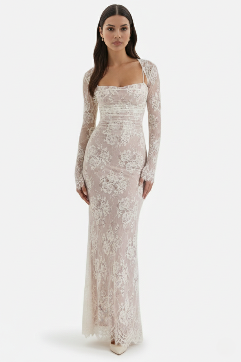 Womens Maxi Dress Floral Lace Lace-Up Back Long Sleeve Shrug - Clovrio