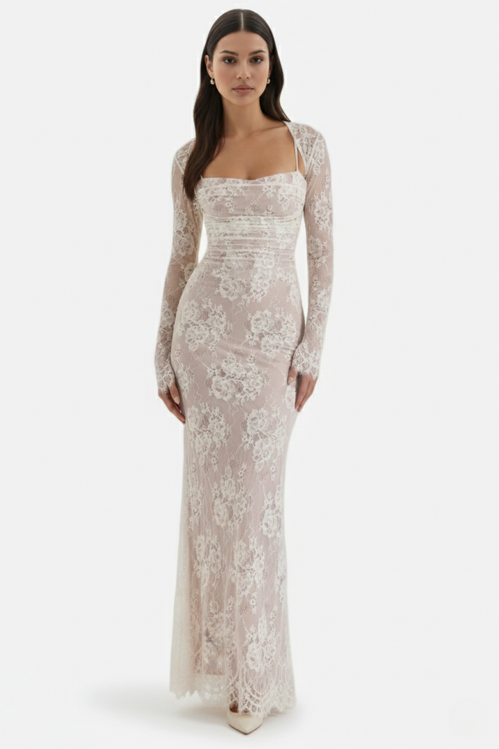 Womens Maxi Dress Floral Lace Lace-Up Back Long Sleeve Shrug - Clovrio