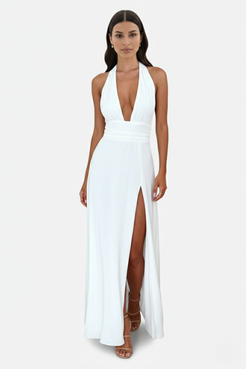Womens Maxi Dress Halter V-Neck Cross Back High Thigh Slit