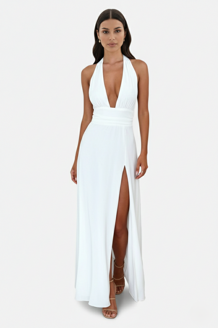 Womens Maxi Dress Halter V-Neck Cross Back High Thigh Slit