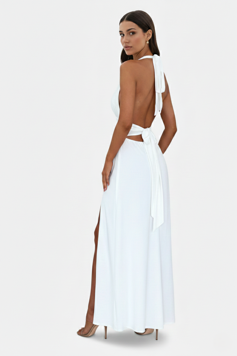 Womens Maxi Dress Halter V-Neck Cross Back High Thigh Slit
