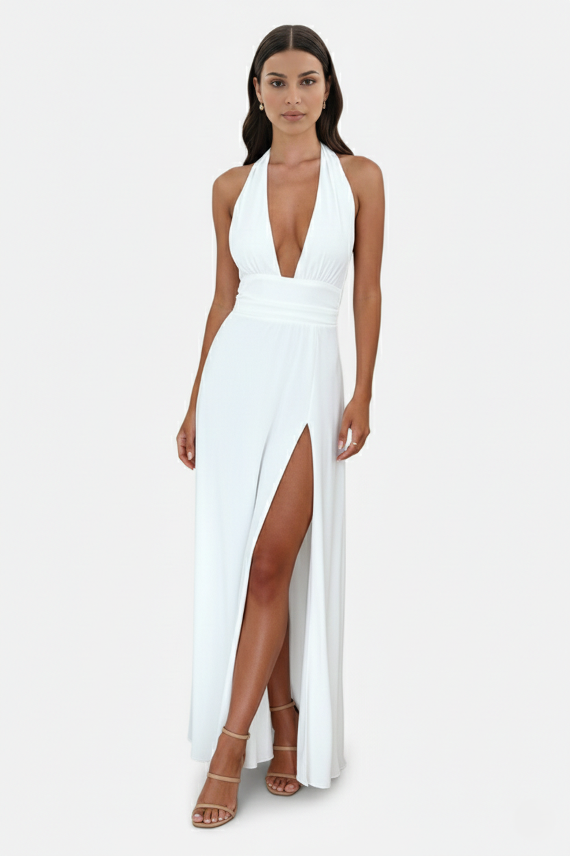Womens Maxi Dress Halter V-Neck Cross Back High Thigh Slit