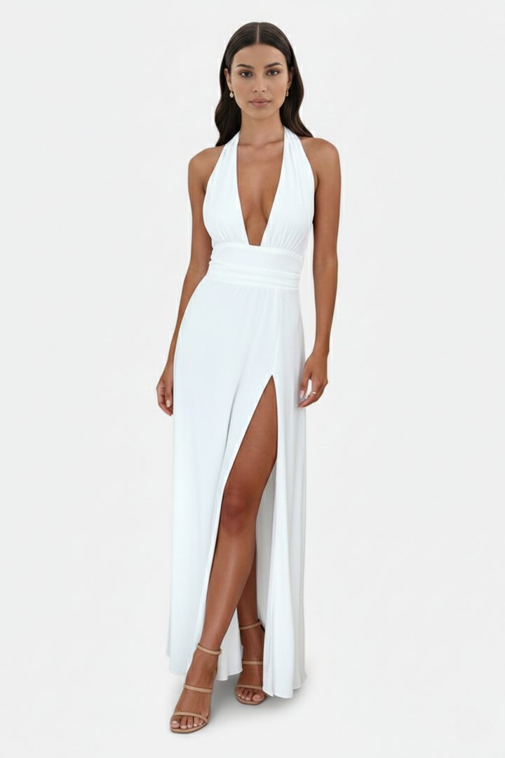 Womens Maxi Dress Halter V-Neck Cross Back High Thigh Slit