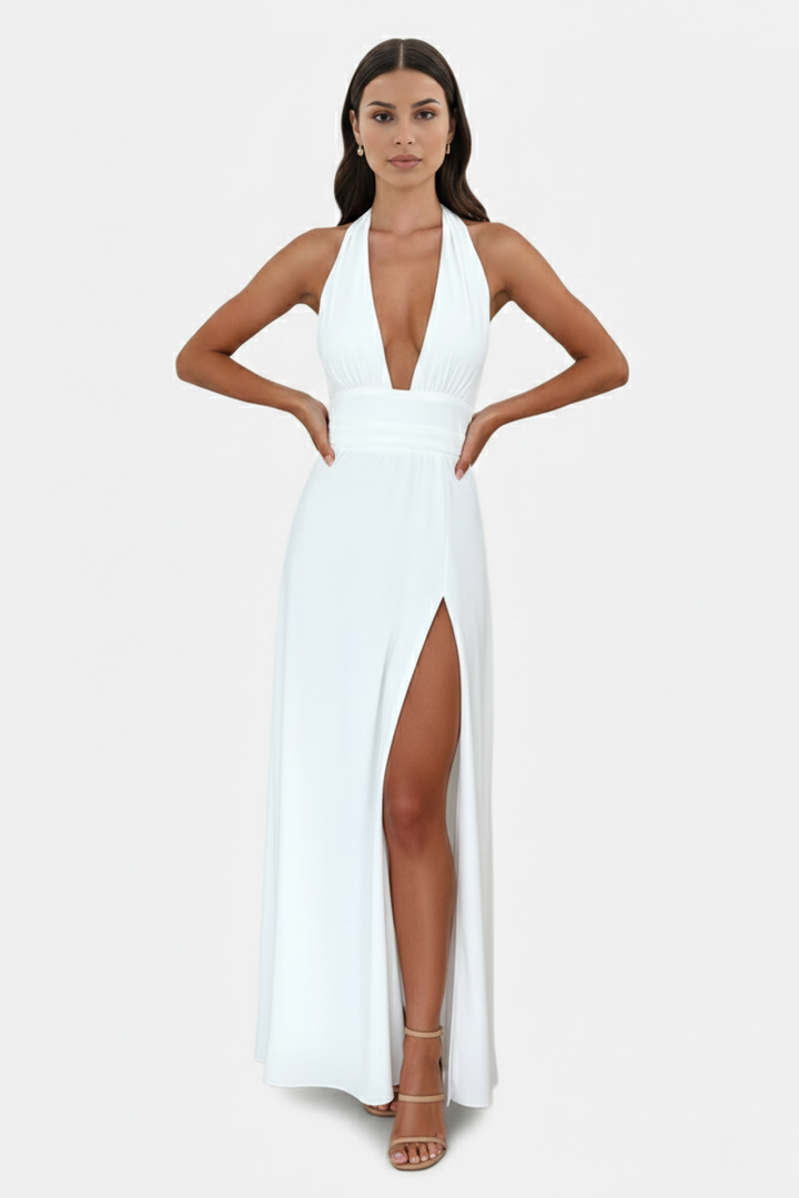 Womens Maxi Dress Halter V-Neck Cross Back High Thigh Slit