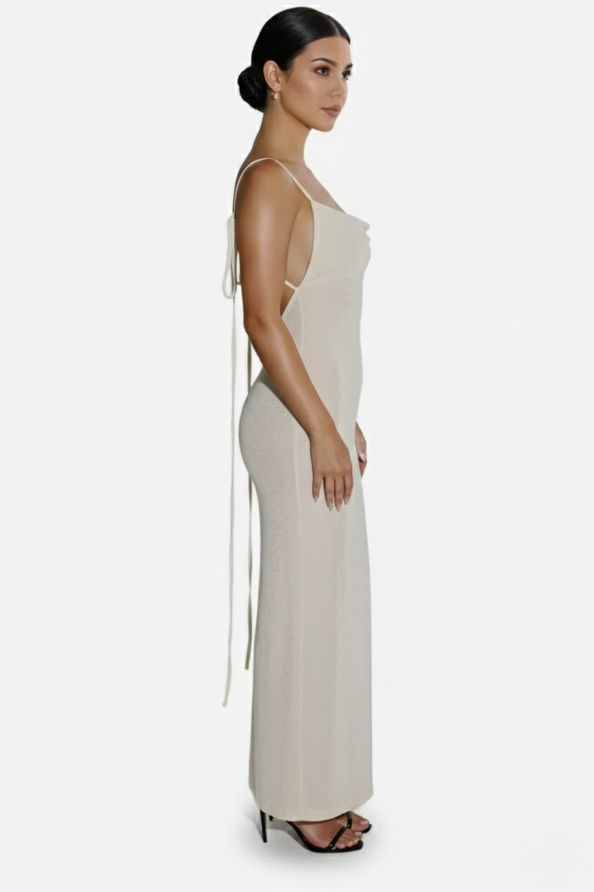 Womens Maxi Dress Spaghetti Strap Backless Tie Back