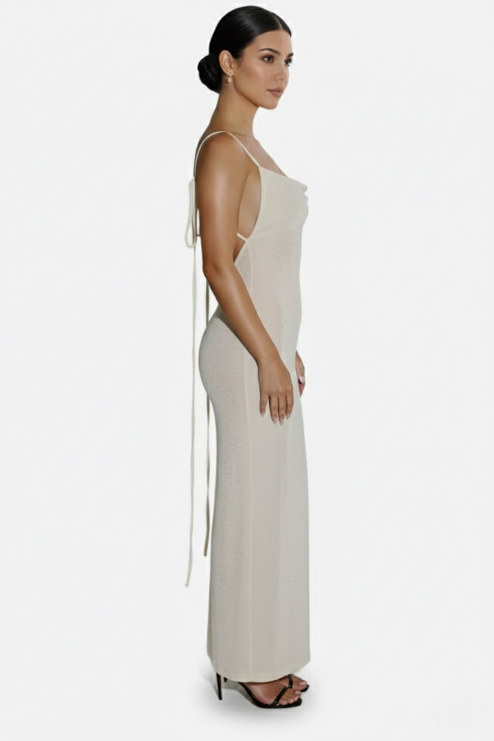 Womens Maxi Dress Spaghetti Strap Backless Tie Back