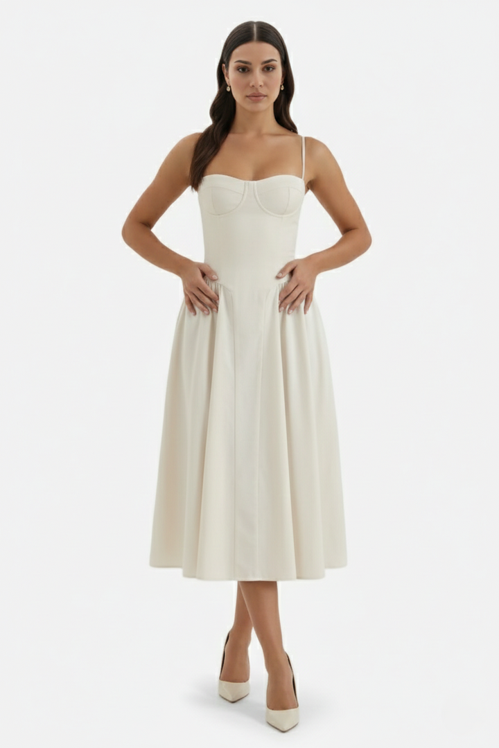 Womens Midi Dress with Waist Corset Pleated Spaghetti Straps
