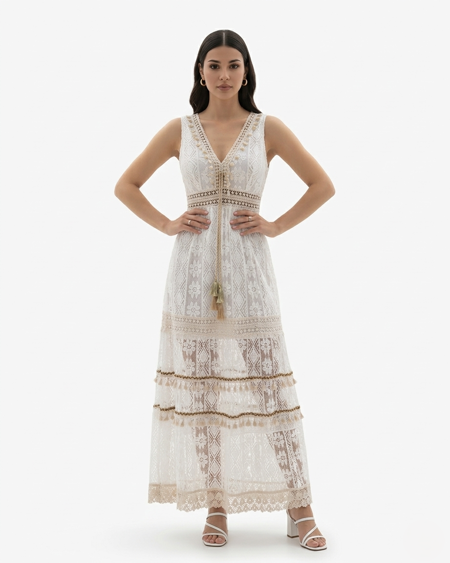 Womens Boho Maxi Dress Lace Crochet Sleeveless V-Neck - Clovrio
