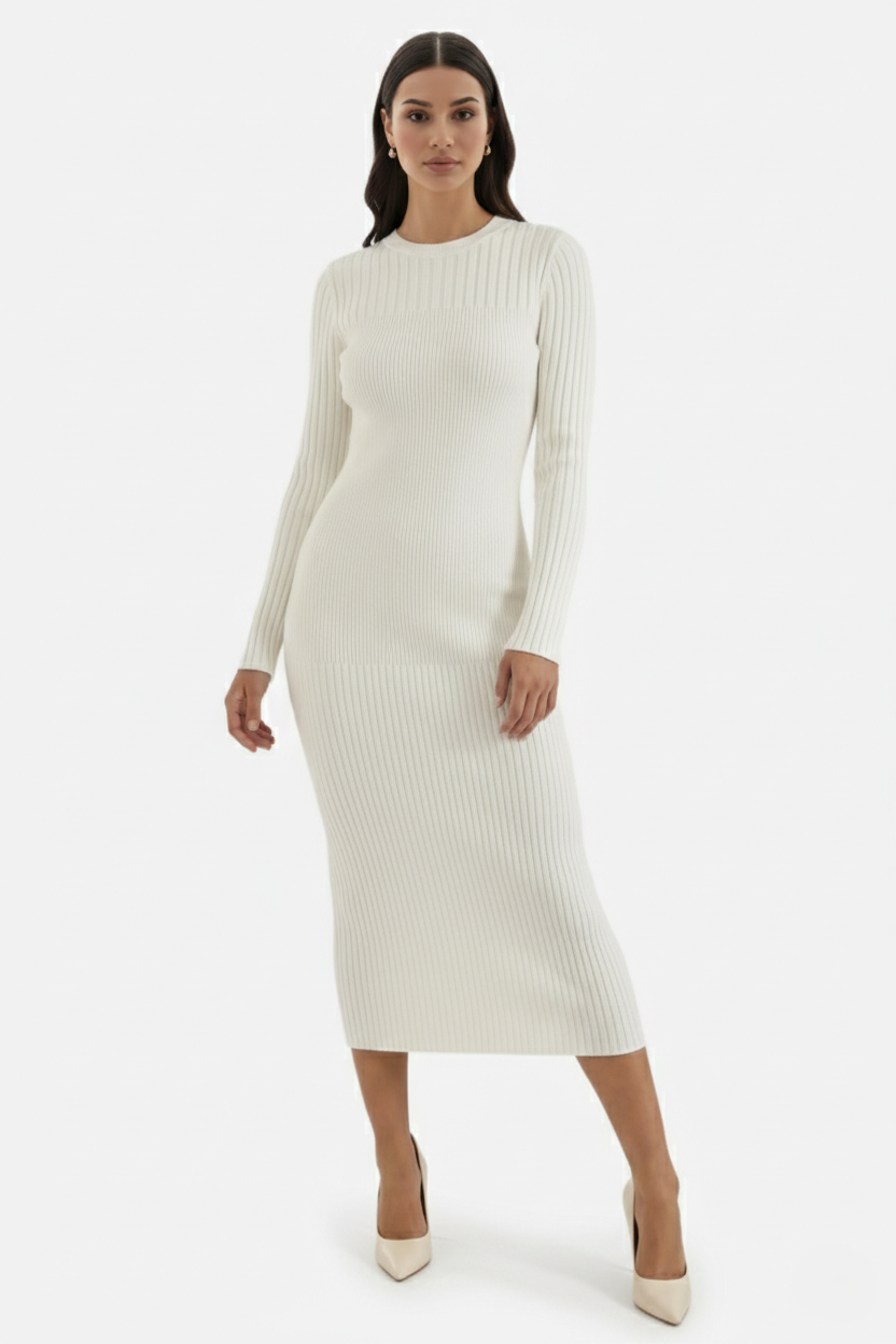 Womens Bodycon Midi Dress Ribbed Knit Long Sleeve Crew Neck