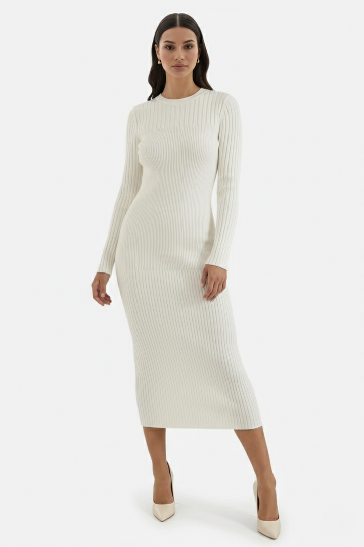 Womens Bodycon Midi Dress Ribbed Knit Long Sleeve Crew Neck