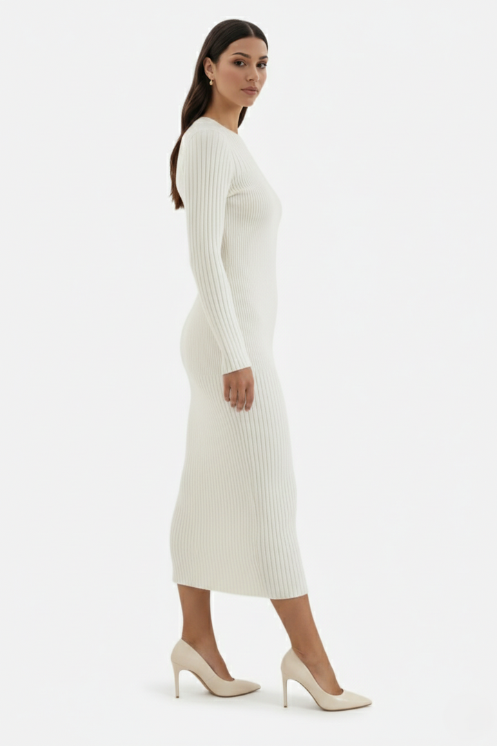 Womens Bodycon Midi Dress Ribbed Knit Long Sleeve Crew Neck