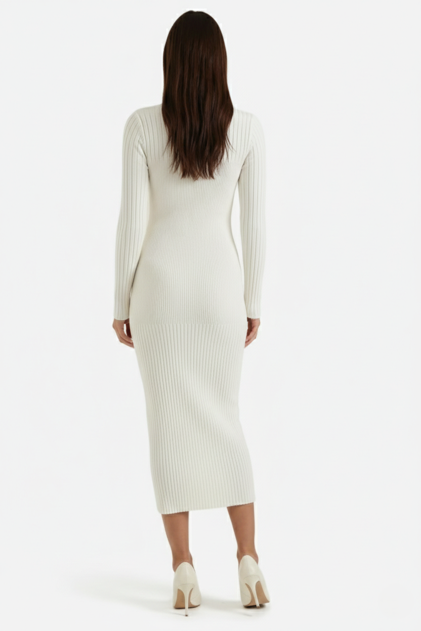 Womens Bodycon Midi Dress Ribbed Knit Long Sleeve Crew Neck